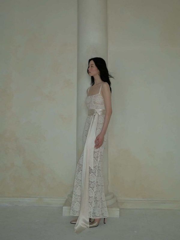 Champagne Lace Sash Maxi Dress