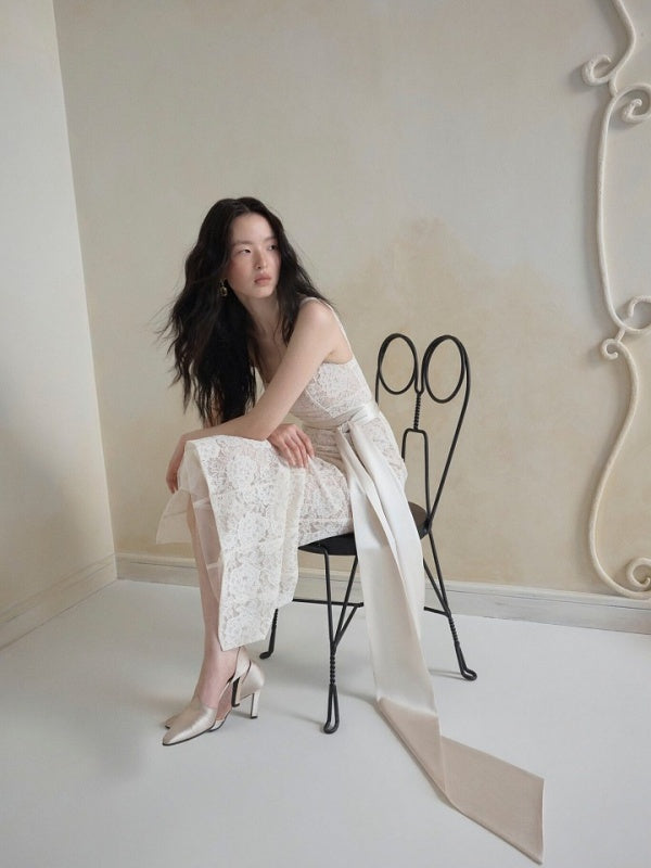 Champagne Lace Sash Maxi Dress