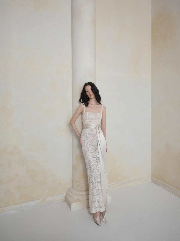Champagne Lace Sash Maxi Dress