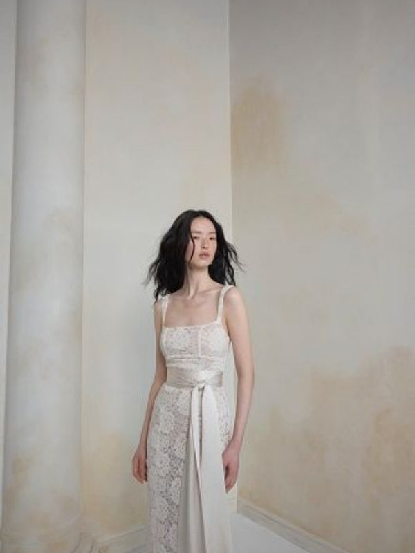 Champagne Lace Sash Maxi Dress