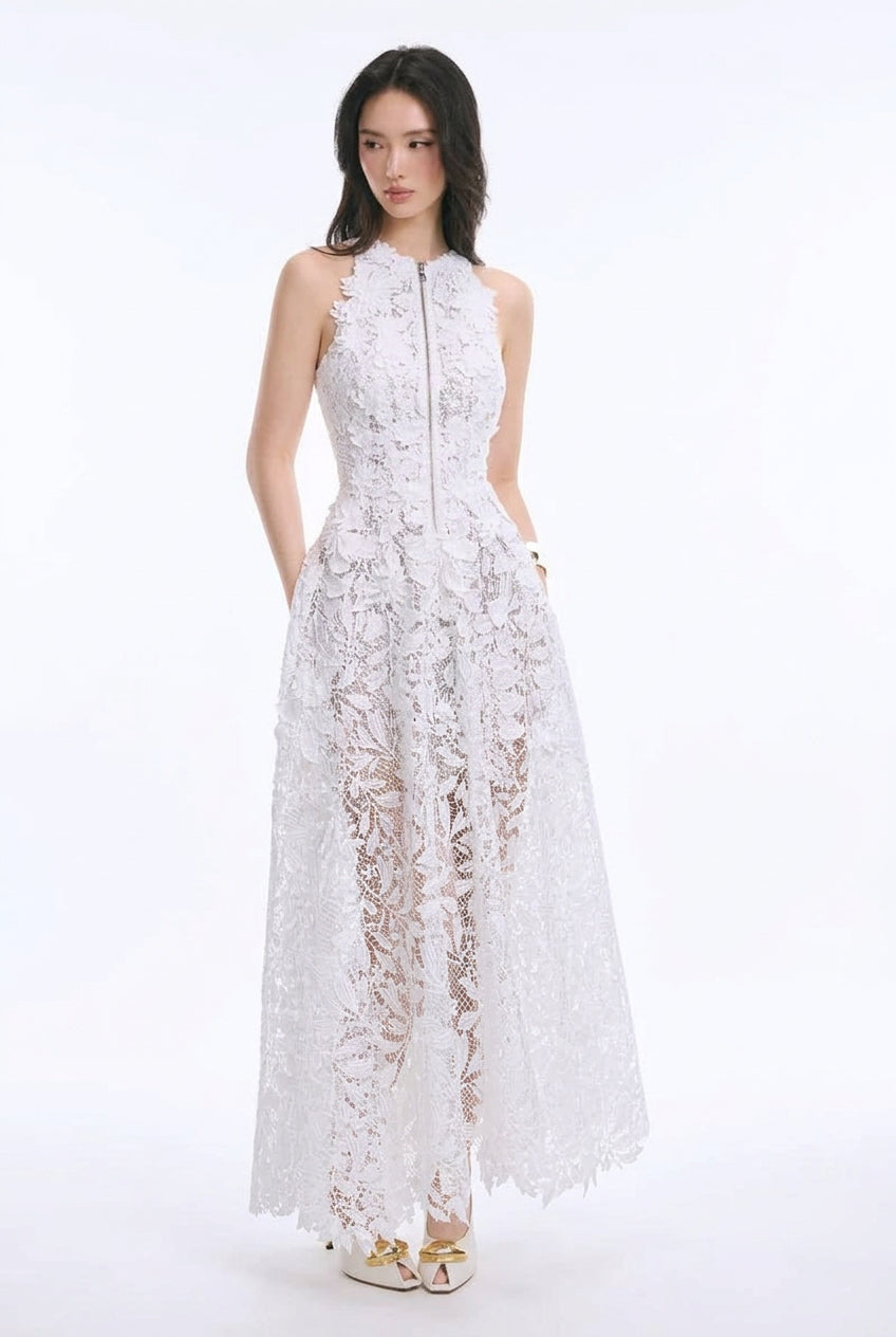White Lace Halter Zip Maxi Dress