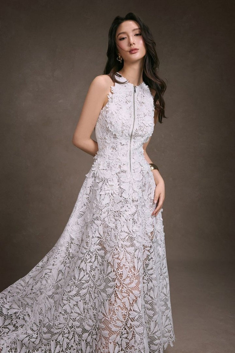 White Lace Halter Zip Maxi Dress