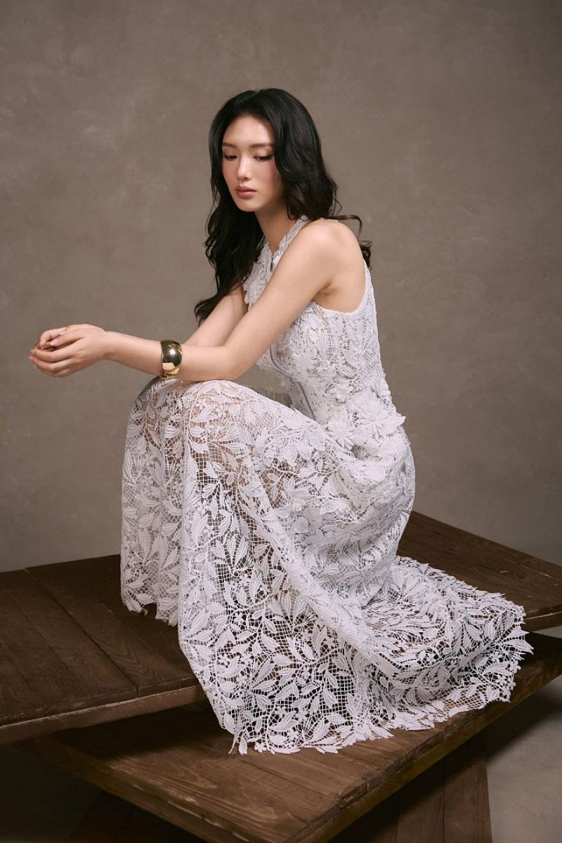 White Lace Halter Zip Maxi Dress
