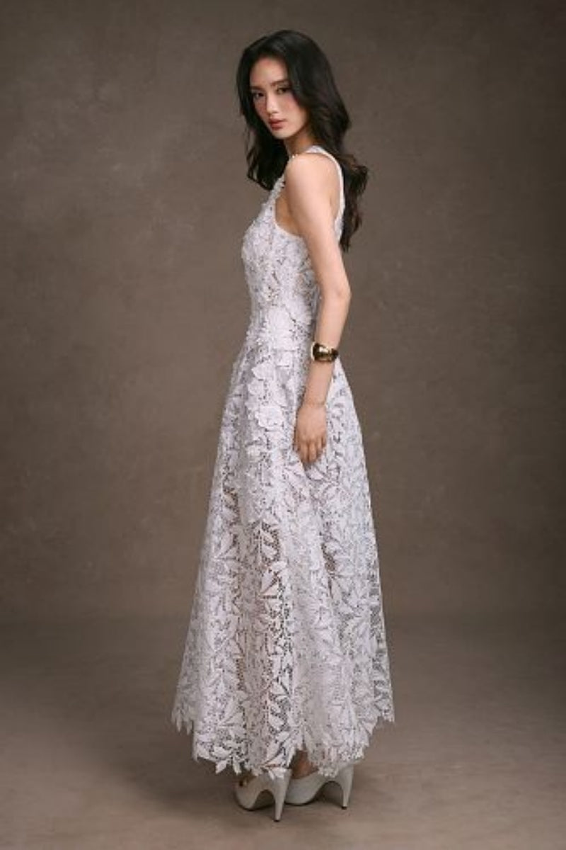 White Lace Halter Zip Maxi Dress