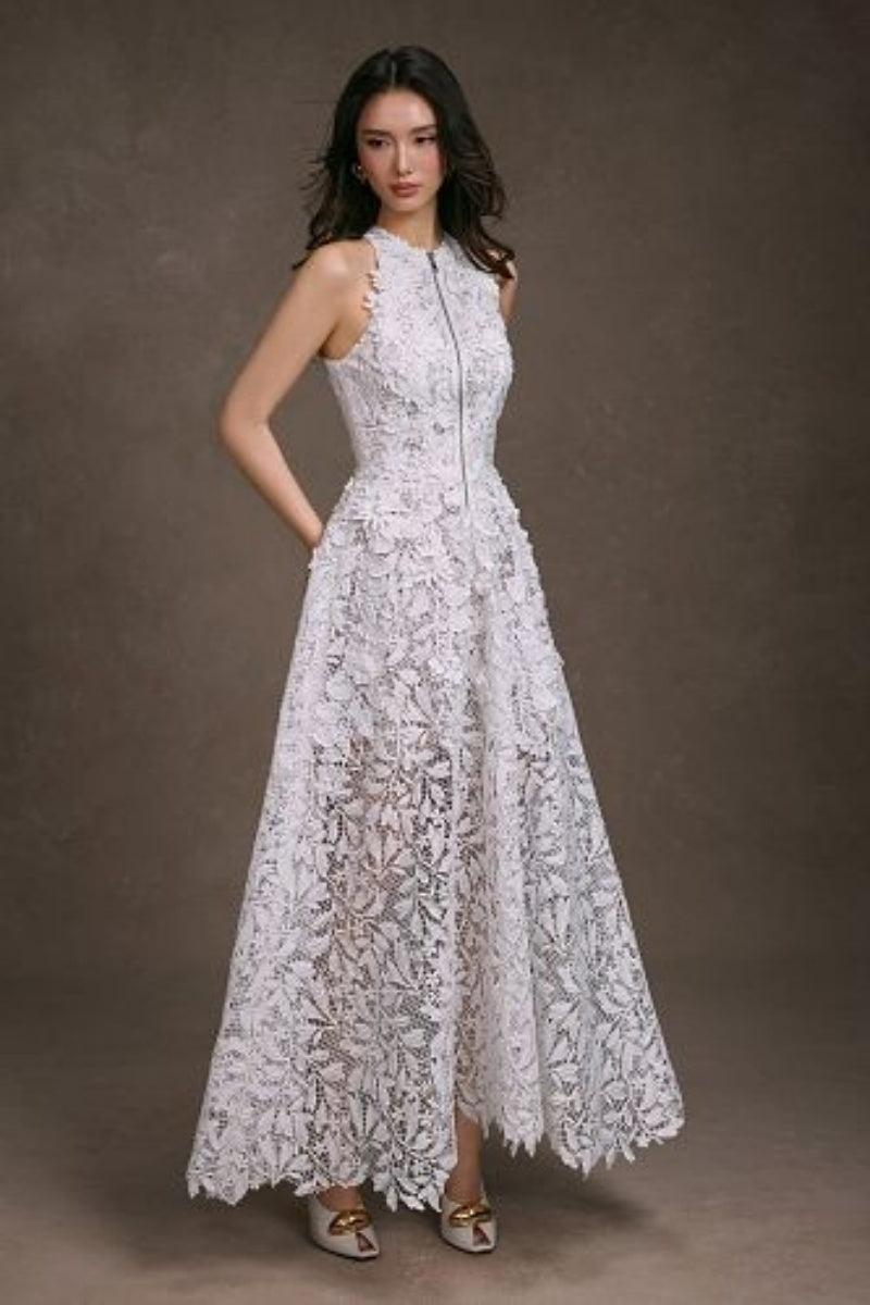 White Lace Halter Zip Maxi Dress
