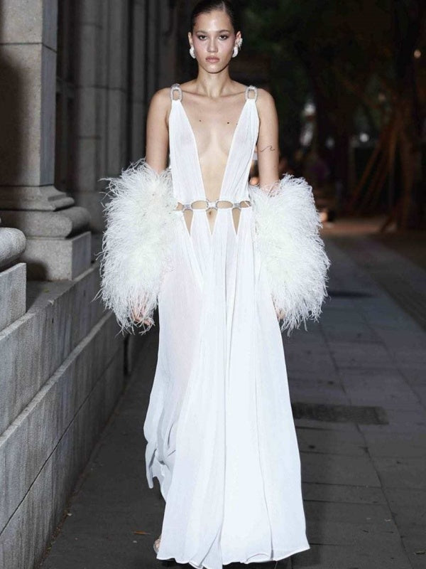 White Feather-Sleeve Plunge Maxi Dress