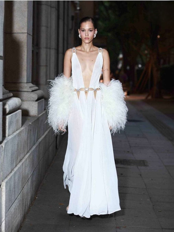 White Feather-Sleeve Plunge Maxi Dress