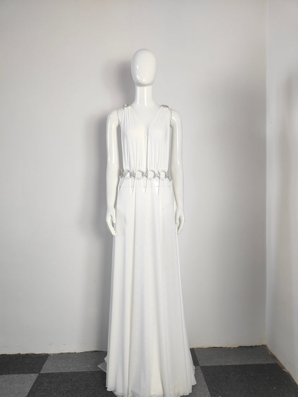 White Feather-Sleeve Plunge Maxi Dress