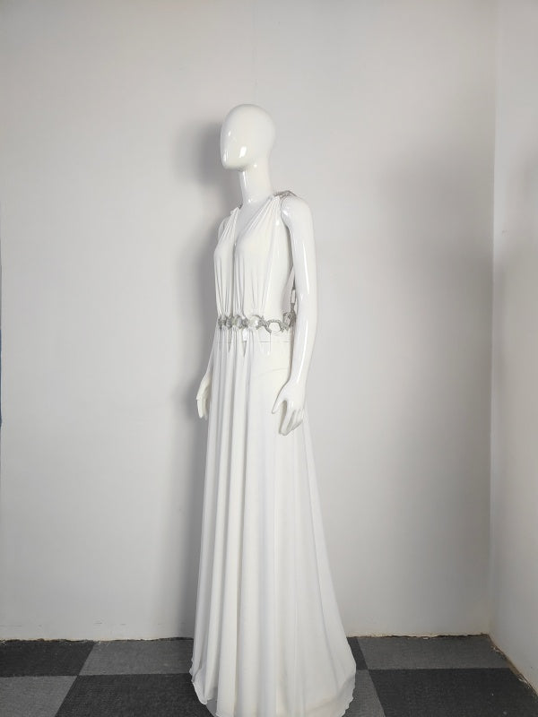 White Feather-Sleeve Plunge Maxi Dress