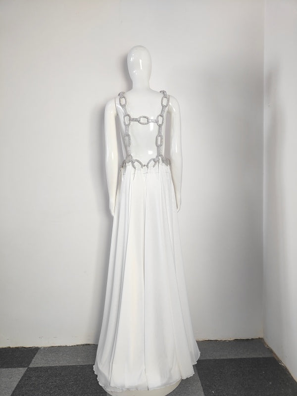 White Feather-Sleeve Plunge Maxi Dress