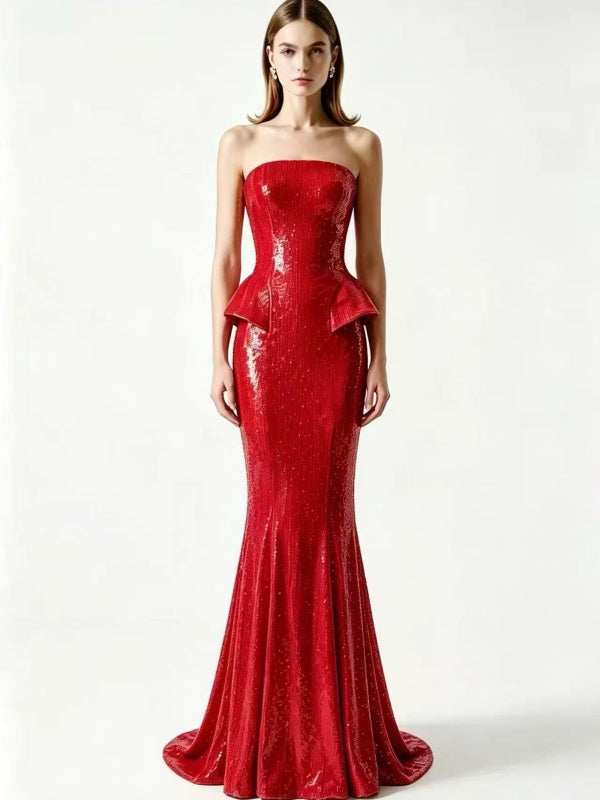 Red Strapless Sequin Peplum Mermaid Gown