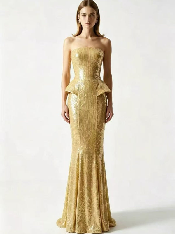Red Strapless Sequin Peplum Mermaid Gown