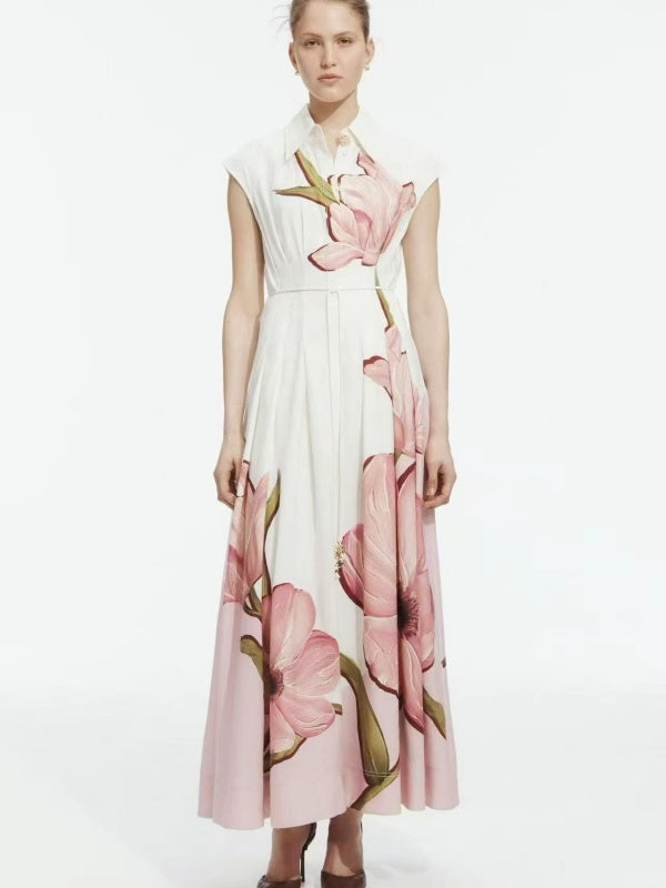 White Pink Floral Shirt-Collar Maxi Dress