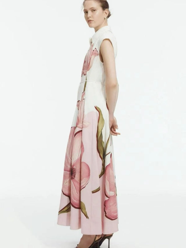 White Pink Floral Shirt-Collar Maxi Dress