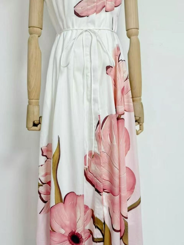 White Pink Floral Shirt-Collar Maxi Dress