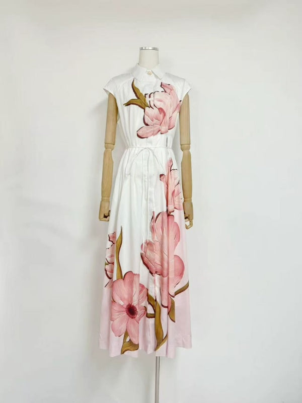 White Pink Floral Shirt-Collar Maxi Dress