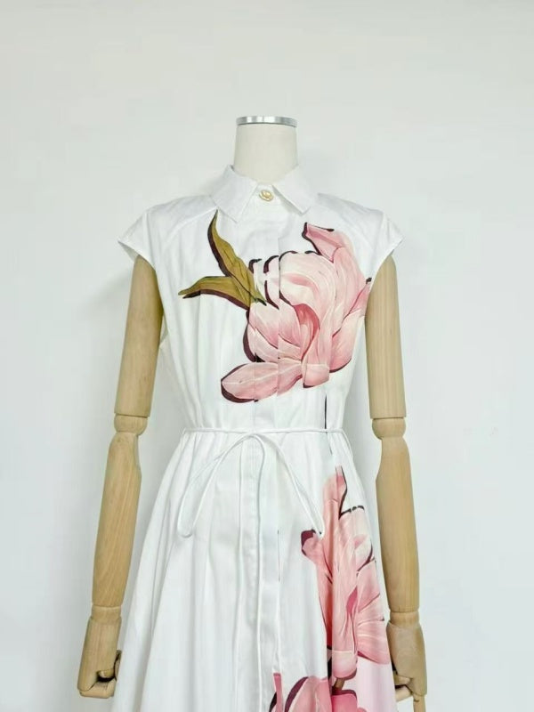 White Pink Floral Shirt-Collar Maxi Dress