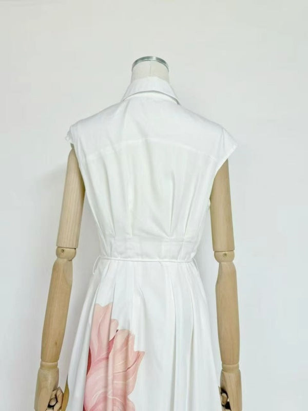 White Pink Floral Shirt-Collar Maxi Dress