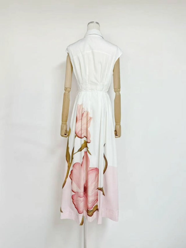 White Pink Floral Shirt-Collar Maxi Dress