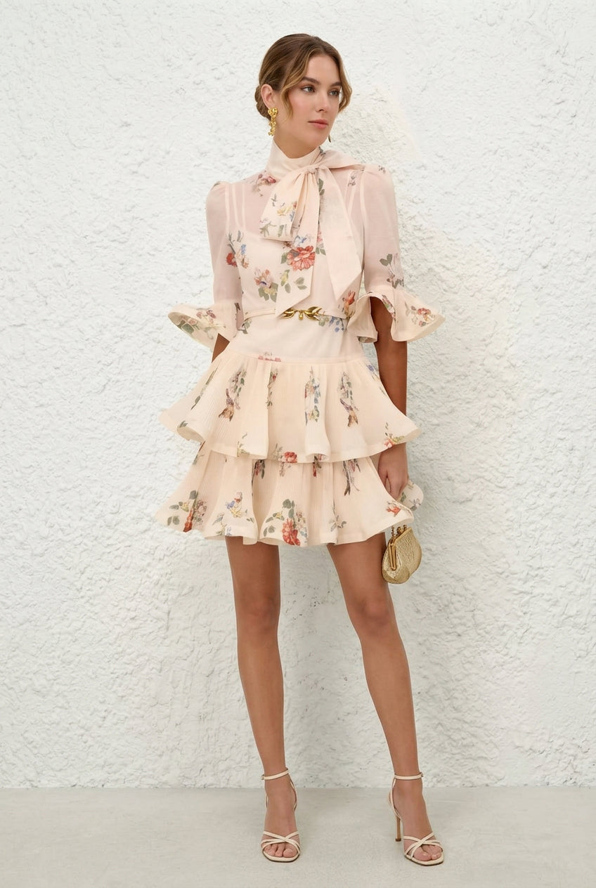 Ivory Floral Bow-Neck Tiered Mini Dress