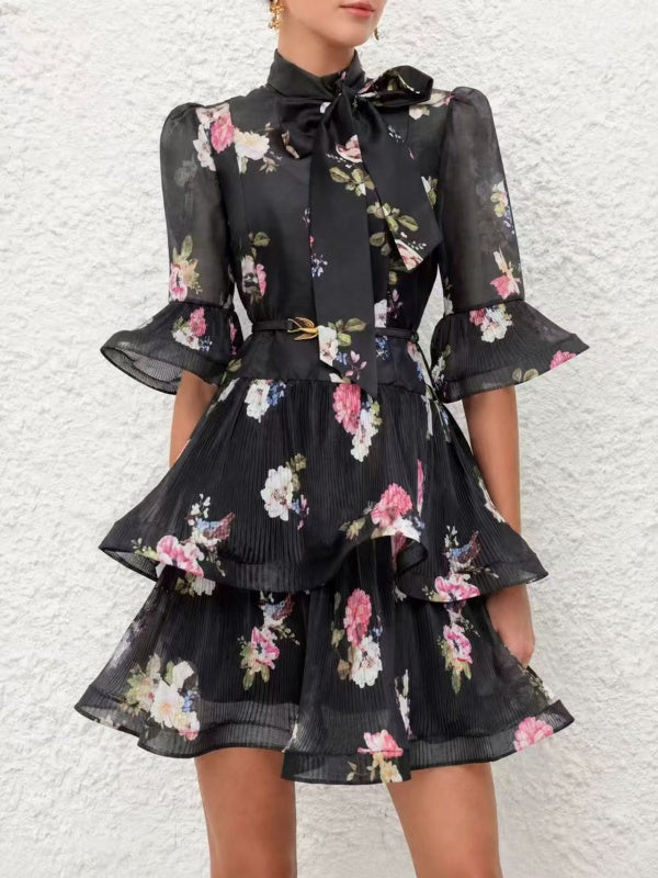 Ivory Floral Bow-Neck Tiered Mini Dress