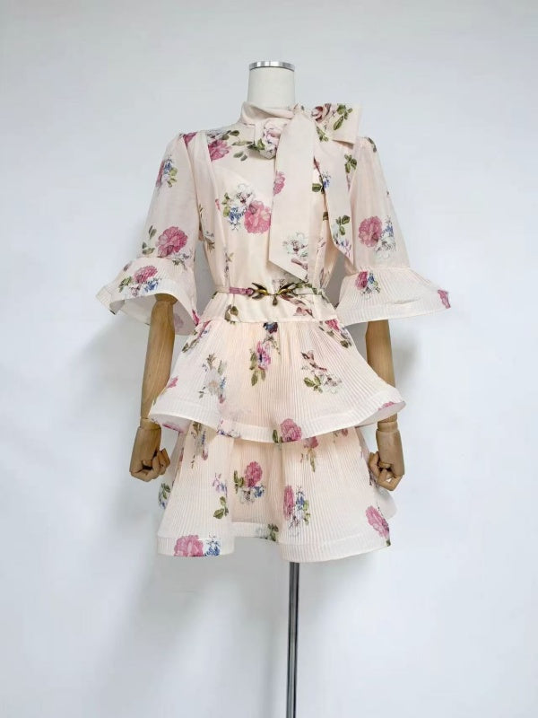 Ivory Floral Bow-Neck Tiered Mini Dress