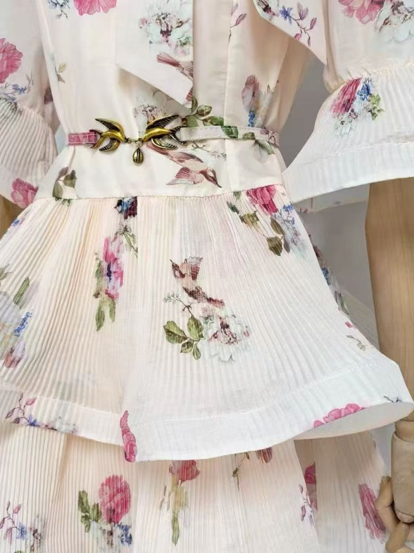 Ivory Floral Bow-Neck Tiered Mini Dress