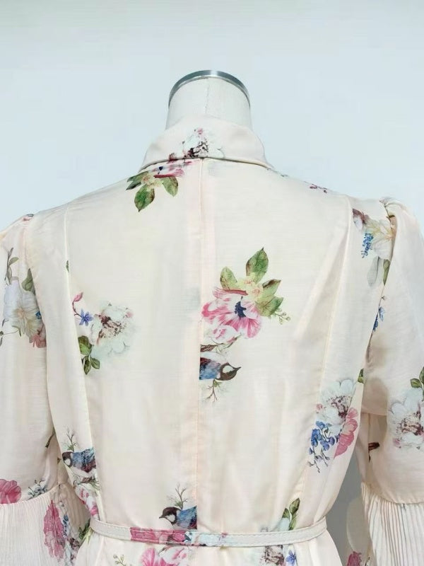Ivory Floral Bow-Neck Tiered Mini Dress