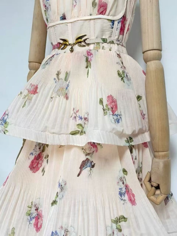 Ivory Floral Bow-Neck Tiered Mini Dress