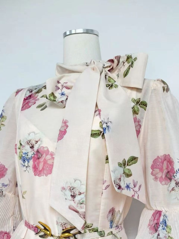 Ivory Floral Bow-Neck Tiered Mini Dress