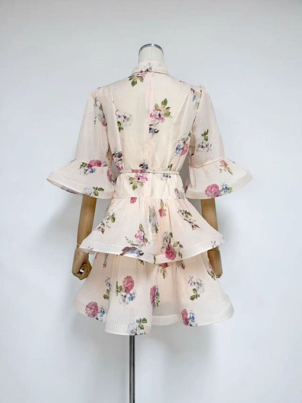 Ivory Floral Bow-Neck Tiered Mini Dress