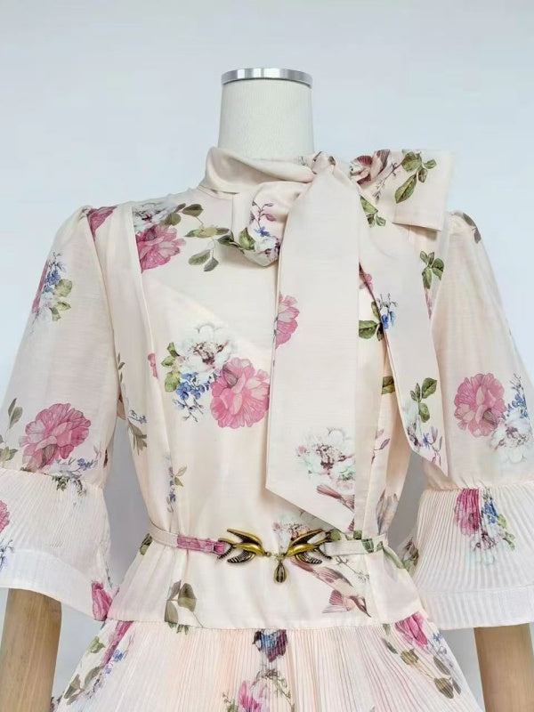 Ivory Floral Bow-Neck Tiered Mini Dress