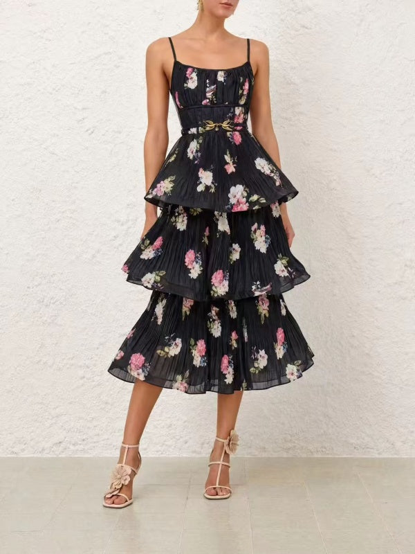 Black Floral Tiered Midi Dress