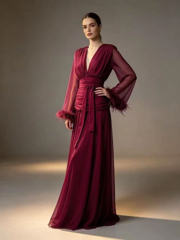 Burgundy Feather-Cuff Chiffon Maxi Gown