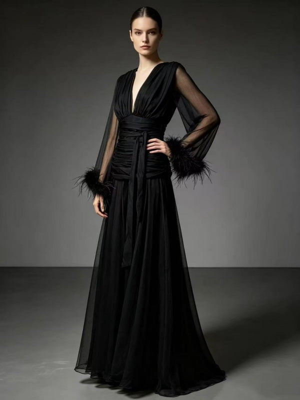 Burgundy Feather-Cuff Chiffon Maxi Gown
