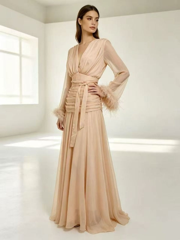 Burgundy Feather-Cuff Chiffon Maxi Gown