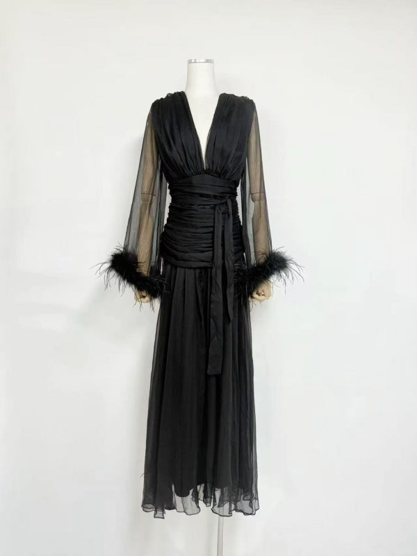Burgundy Feather-Cuff Chiffon Maxi Gown