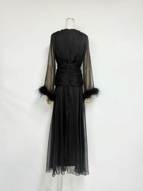 Burgundy Feather-Cuff Chiffon Maxi Gown