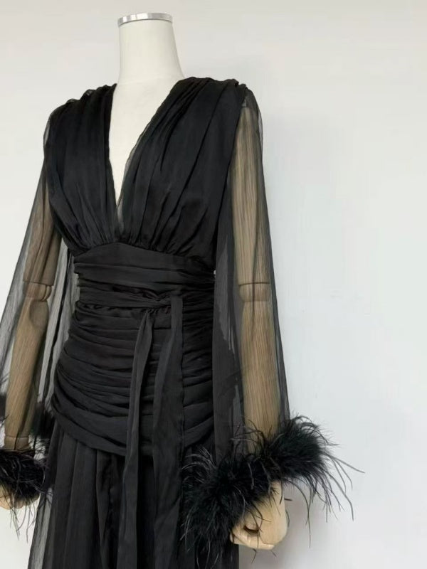 Burgundy Feather-Cuff Chiffon Maxi Gown