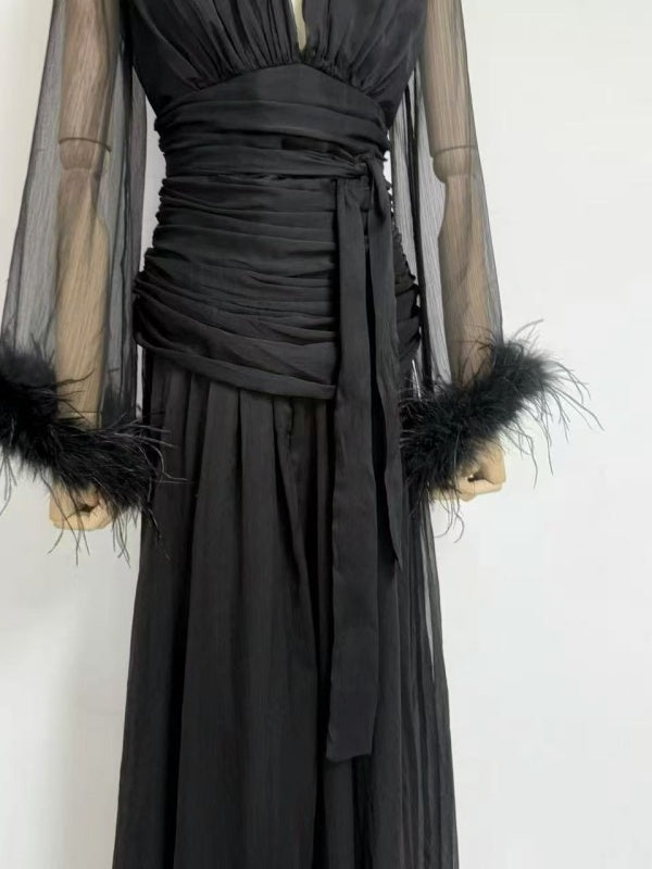 Burgundy Feather-Cuff Chiffon Maxi Gown