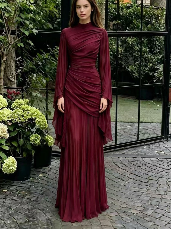 Burgundy Draped Long-Sleeve Maxi Gown