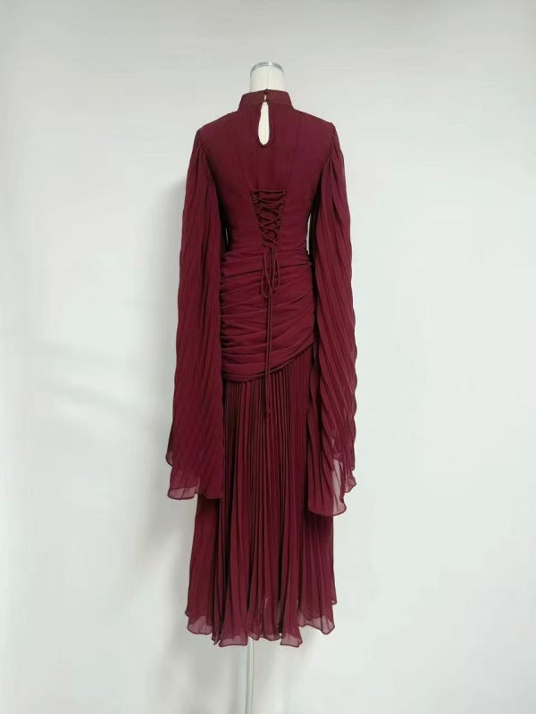 Burgundy Draped Long-Sleeve Maxi Gown