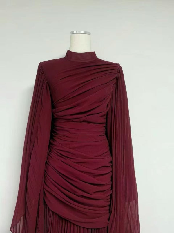 Burgundy Draped Long-Sleeve Maxi Gown