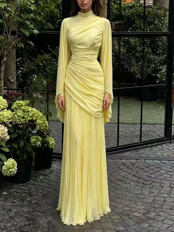 Burgundy Draped Long-Sleeve Maxi Gown