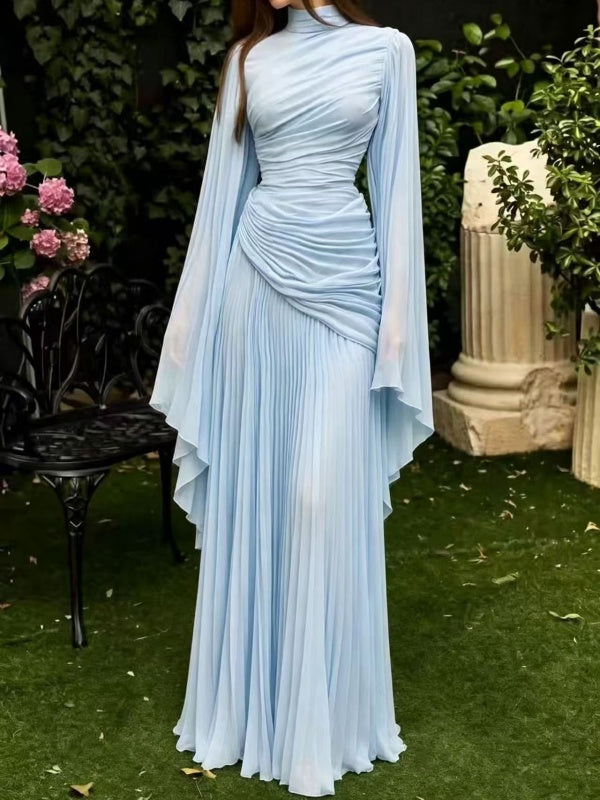 Burgundy Draped Long-Sleeve Maxi Gown