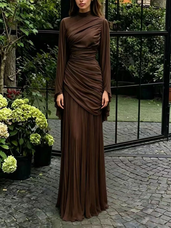 Burgundy Draped Long-Sleeve Maxi Gown