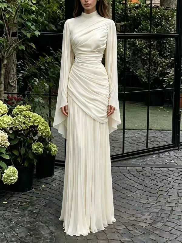 Burgundy Draped Long-Sleeve Maxi Gown