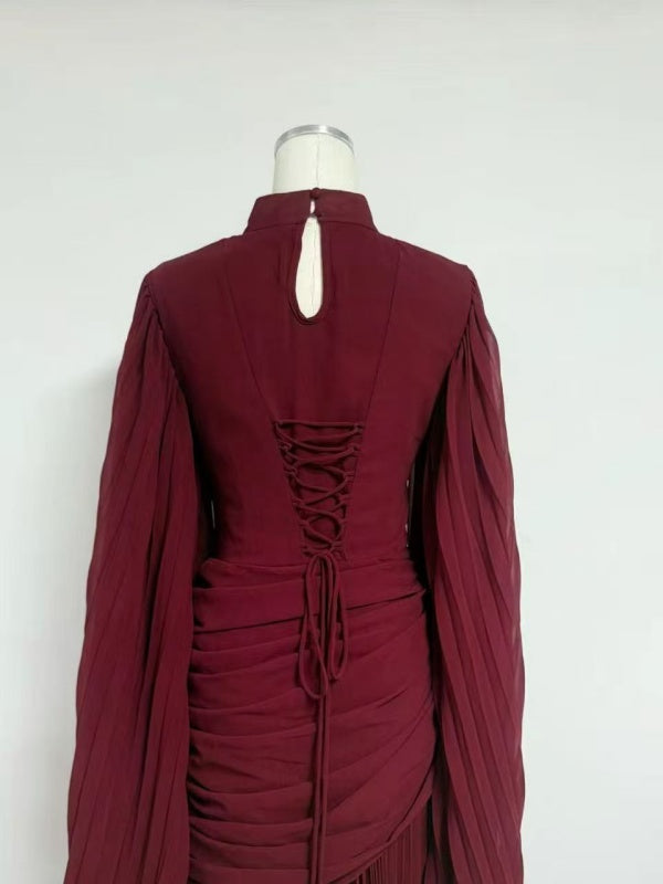 Burgundy Draped Long-Sleeve Maxi Gown