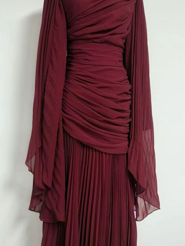 Burgundy Draped Long-Sleeve Maxi Gown