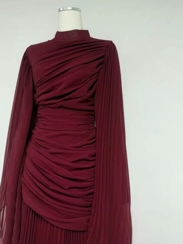 Burgundy Draped Long-Sleeve Maxi Gown